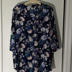 Simply Emma Cottagecore shirt navy blue print 3/4 sleeve tunic top 3x career